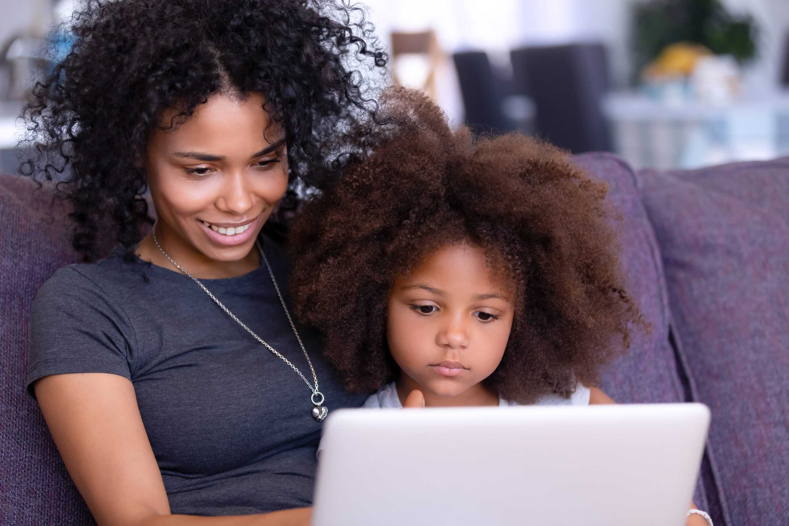 A mother and her young daughter sitting on a sofa looking at a computer.